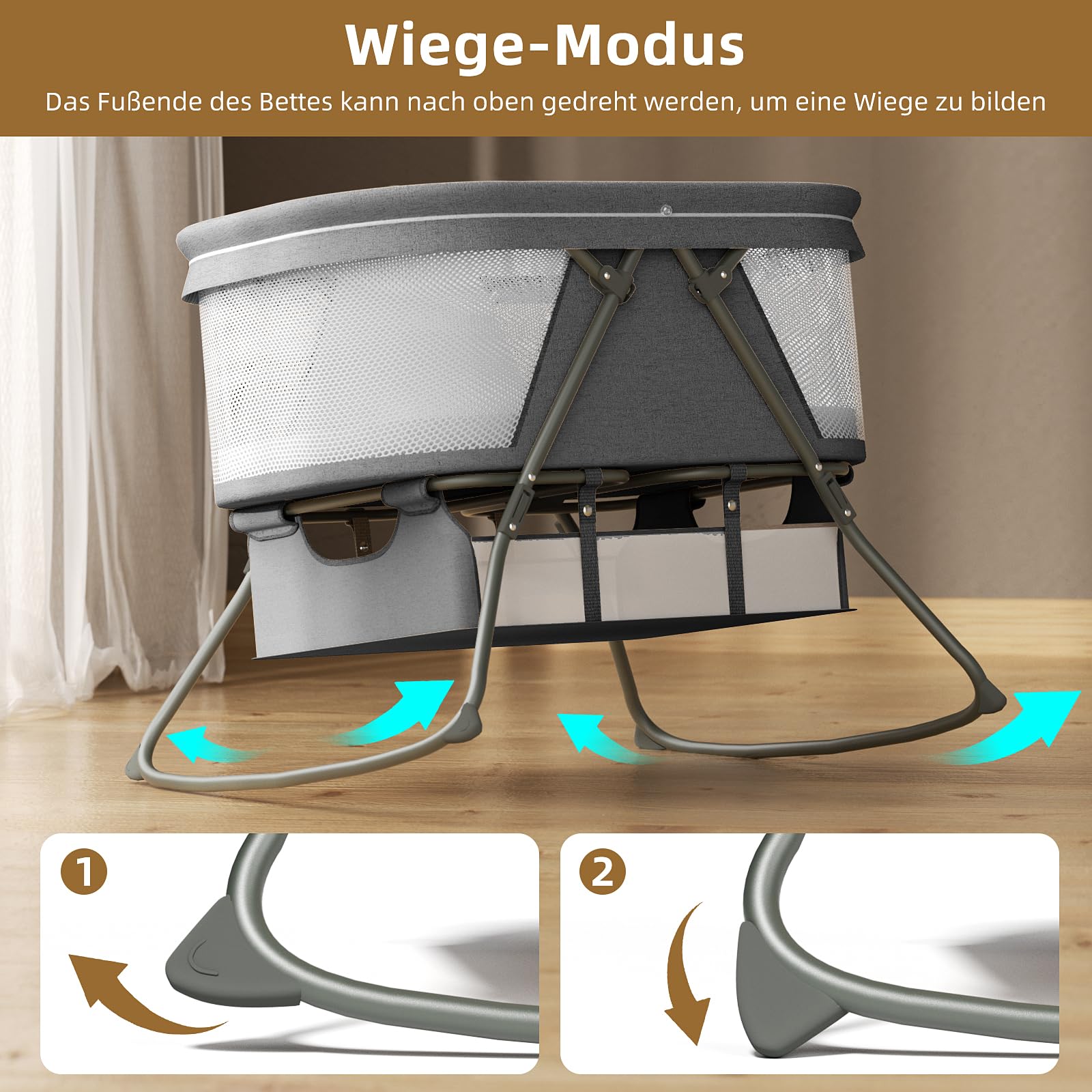 XJD Baby Beistellbett, 2 in 1 Babybett klappbar, Stubenwagen mit Aufbewahrungskorb, Reisebett mit weich Matratze, Transporttasche, Moskitonetz, Babywiege für 0-6 Monate, von Geburt bis 10 kg, Grau