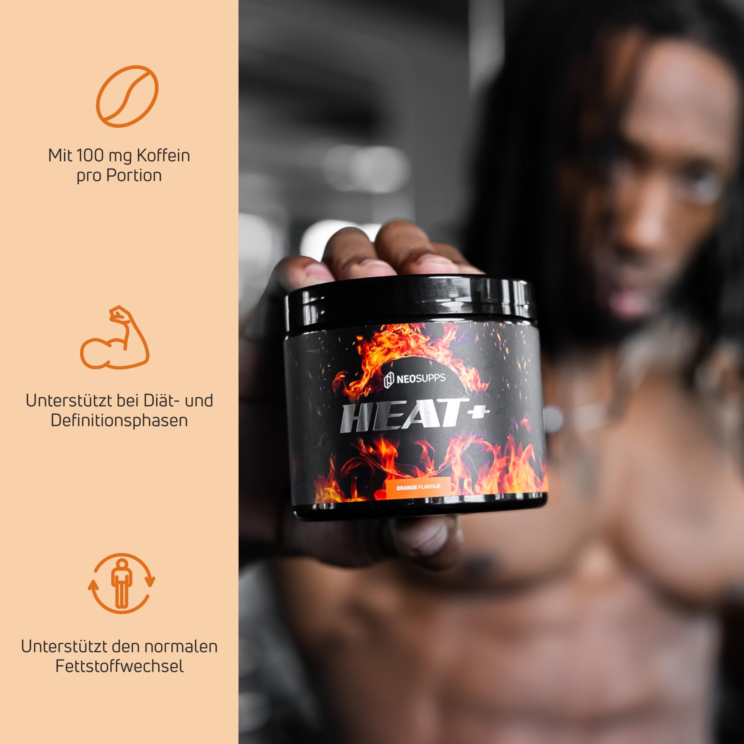 Neosupps Heat+ Diät-Support 240g, zur Anregung des Stoffwechsels & Fettverbrennung, L-Carnitin L-Tartrat Koffein, verbessert Konzentration & Fokus, Erhöht den Energieverbrauch, Vegan, 40 Portionen