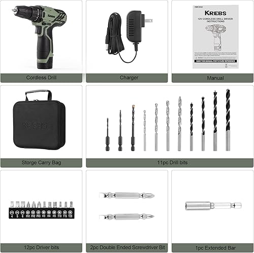 Miniatura 7 de KREBS Juego de taladro inalámbrico de 12 V con batería de 1.5 Ah y cargador rápido, portabrocas sin llave de 38 pulgadas 245 in-lbs 2 velocidades