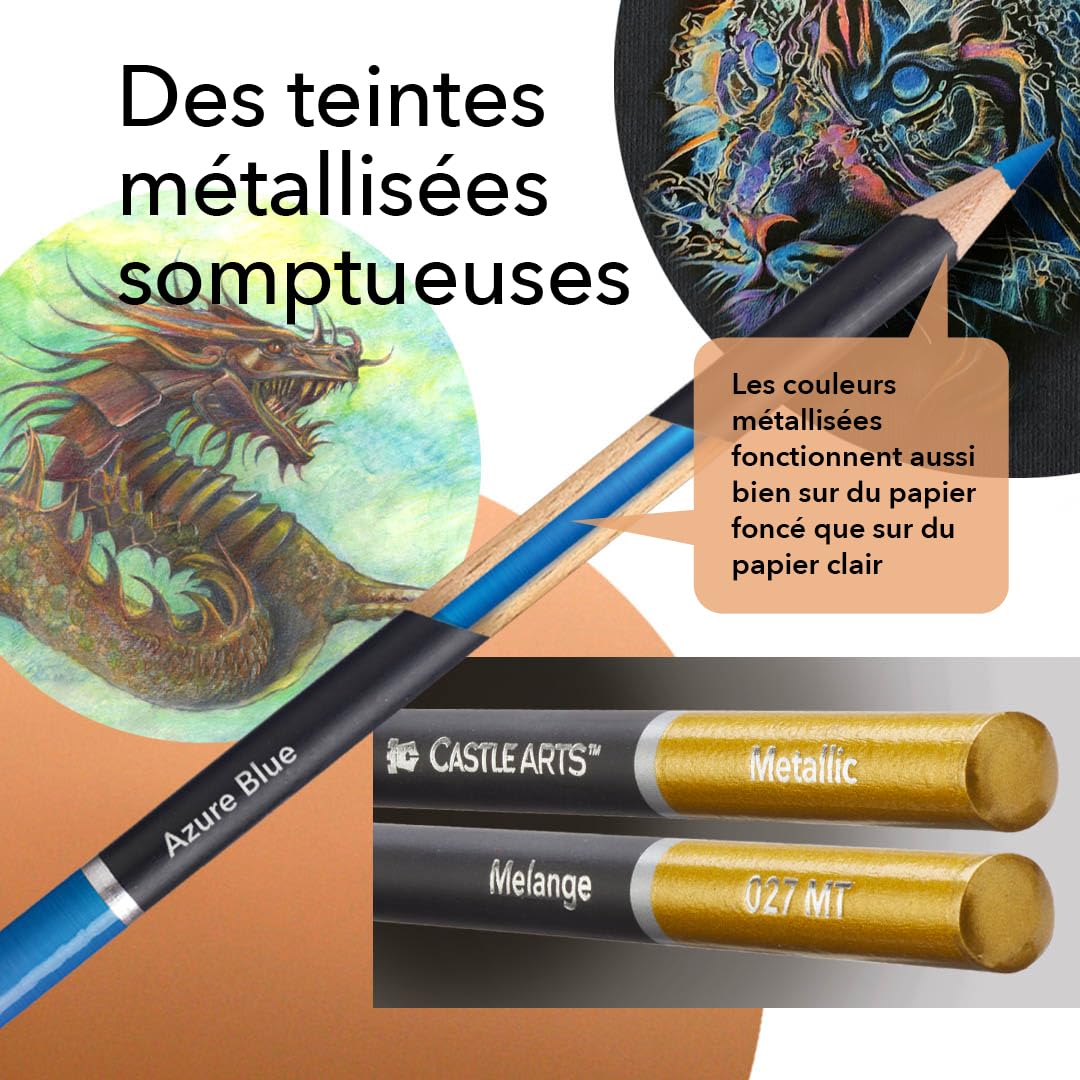 Castle Art Supplies Set de Crayons de Couleur Métallisés | 48 Tons Scintillants, Mines en Cire pour les Professionnels, Coloristes et Artistes Adultes | Protégés dans une Boîte de Présentation