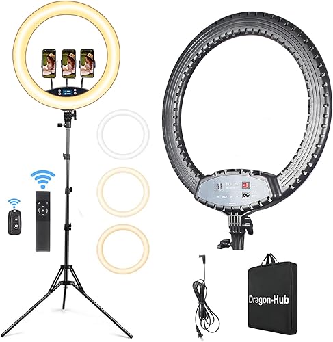 Anillo de luz LED romote de 19 pulgadas con control táctil manual con pantalla LCD, Bluetooth Selfie, 3200-5600K, soporte incluido para maquillaje,
