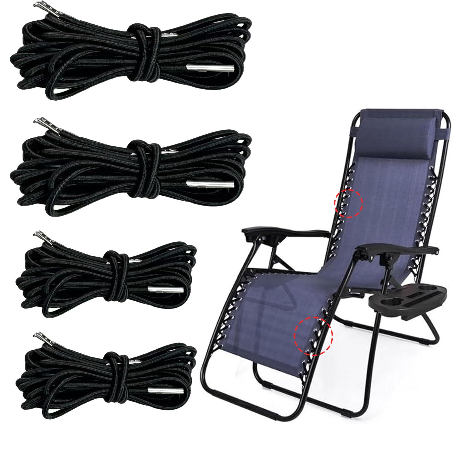 Kit Corda Elastica Per Sedia Zero Gravity - 4 Pezzi Di Ricambio (2x220cm + 2x140cm) - Per Sedia Reclinabile Da Giardino, Spiaggia E Prato