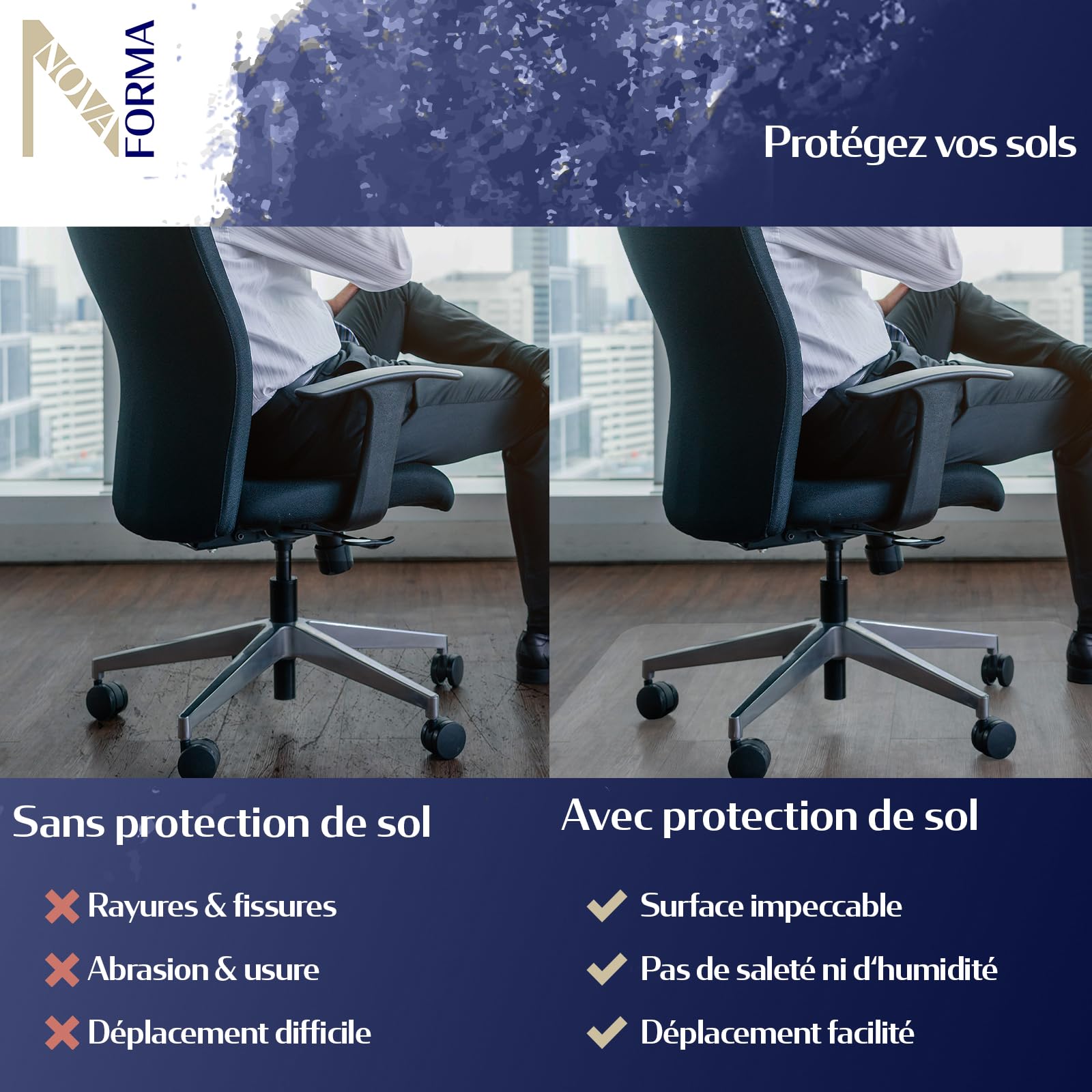 NOVA FORMA Tapis De Protection Sol PET Recyclé 116 X 120 Cm Transparent - Antidérapant Sous Chaise Bureau