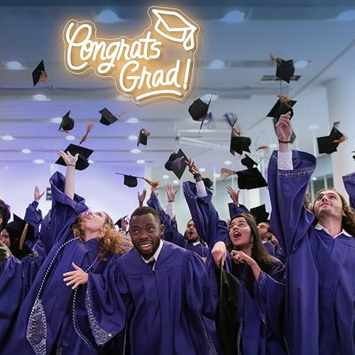 Miniatura 5 de Letrero de neón de Congrats Grad con tapa de graduación, letrero de luz blanca cálida para decoración de pared, letrero LED de felicitaciones de