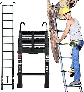 Telescopic Ladder w/Hook 3.2M/10.5FT Extension Folding Foldable - Multi Purpose Ladder Soft Close Aluminum DIY Single Straight Style Climb Attic Ladder Extendable Steps 330Lb Load Small Gift