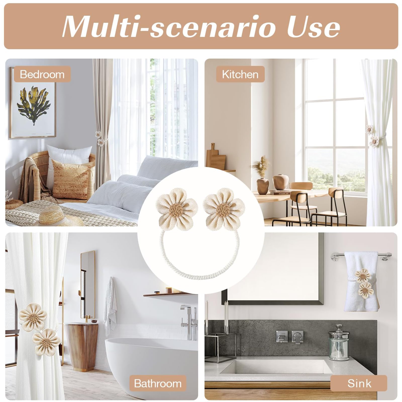 Embrasses de Rideaux Fabriqués à la Main Fleurs Bohème Beige No Drill pour Décoration Maison Bureau