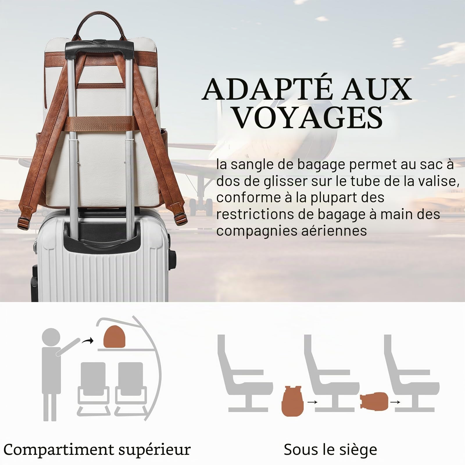 Shrrie amélioré gran Sac à dos de voyage pour ordinateur portable de 17 pouces, Imperméable Sac à dos pour ordinateur portable en cuir végan pour femmes et hommes d'affaires, Beige avec Brown