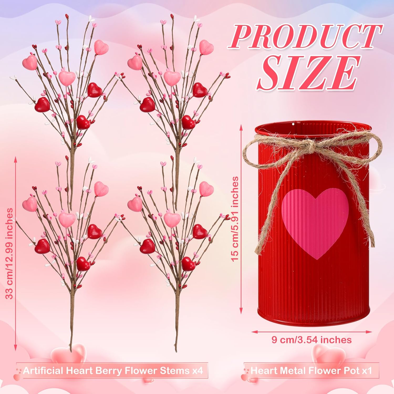 SiliFine Valentine's Day Table Centerpiece Decor Romantic Artificial Flower Stems Floral Heart Shaped Berry Picks with Metal Pots for Wedding Party Hotel Office Home Decoration (Red and Pink)