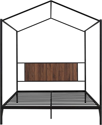 Miniatura 7 de Hlcodca Cama de casa de metal simple con base de listones cama de plataforma de tamaño Queen con techo y cabecero para uso en dormitorio de niños