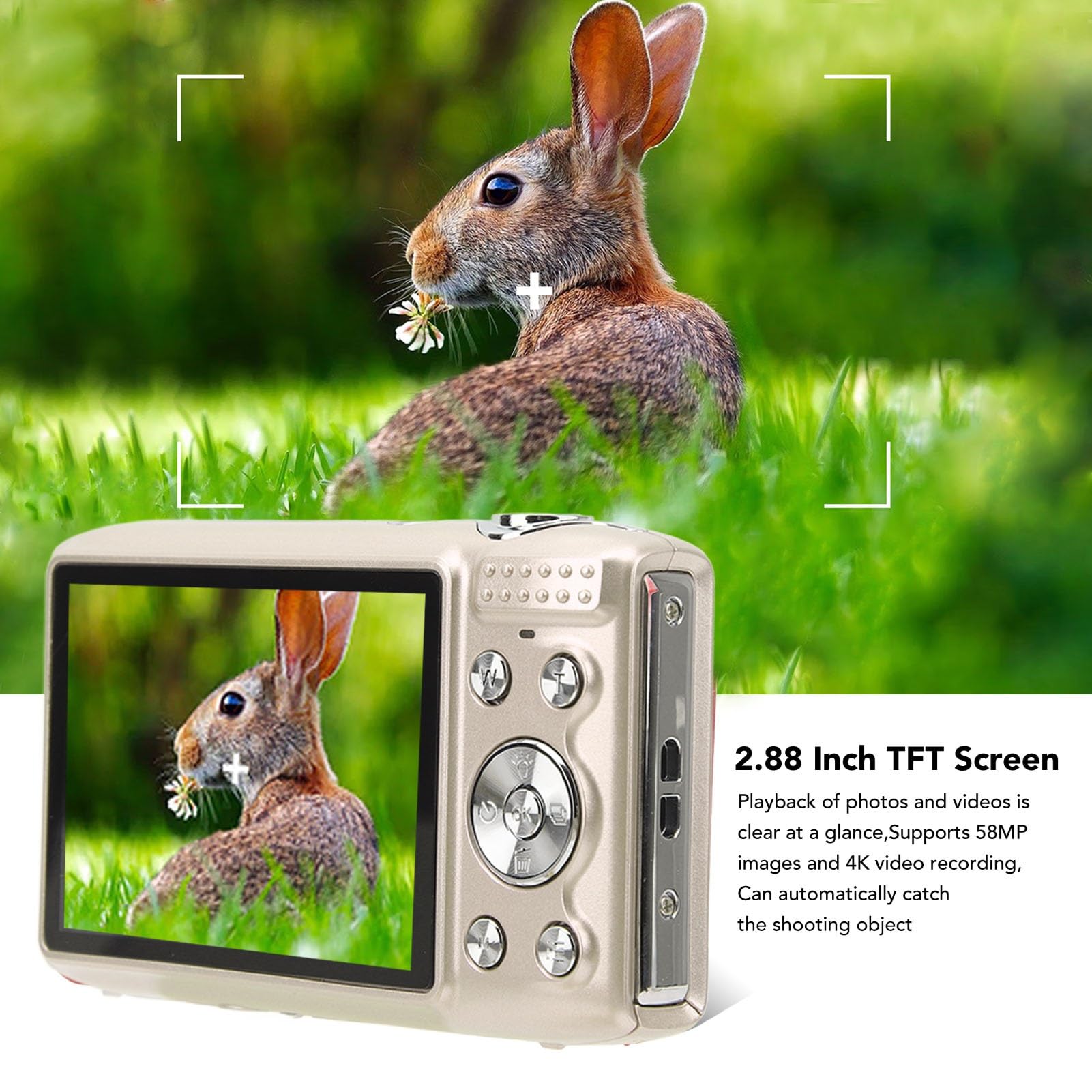 Fotocamera Digitale, 4K HD 58MP Zoom 16X Macro Focale Fissa Schermo da 2,88 Pollici Videocamere per Fotografia Temporizzata, con Cinturino, per Varie Scene (GOLD)