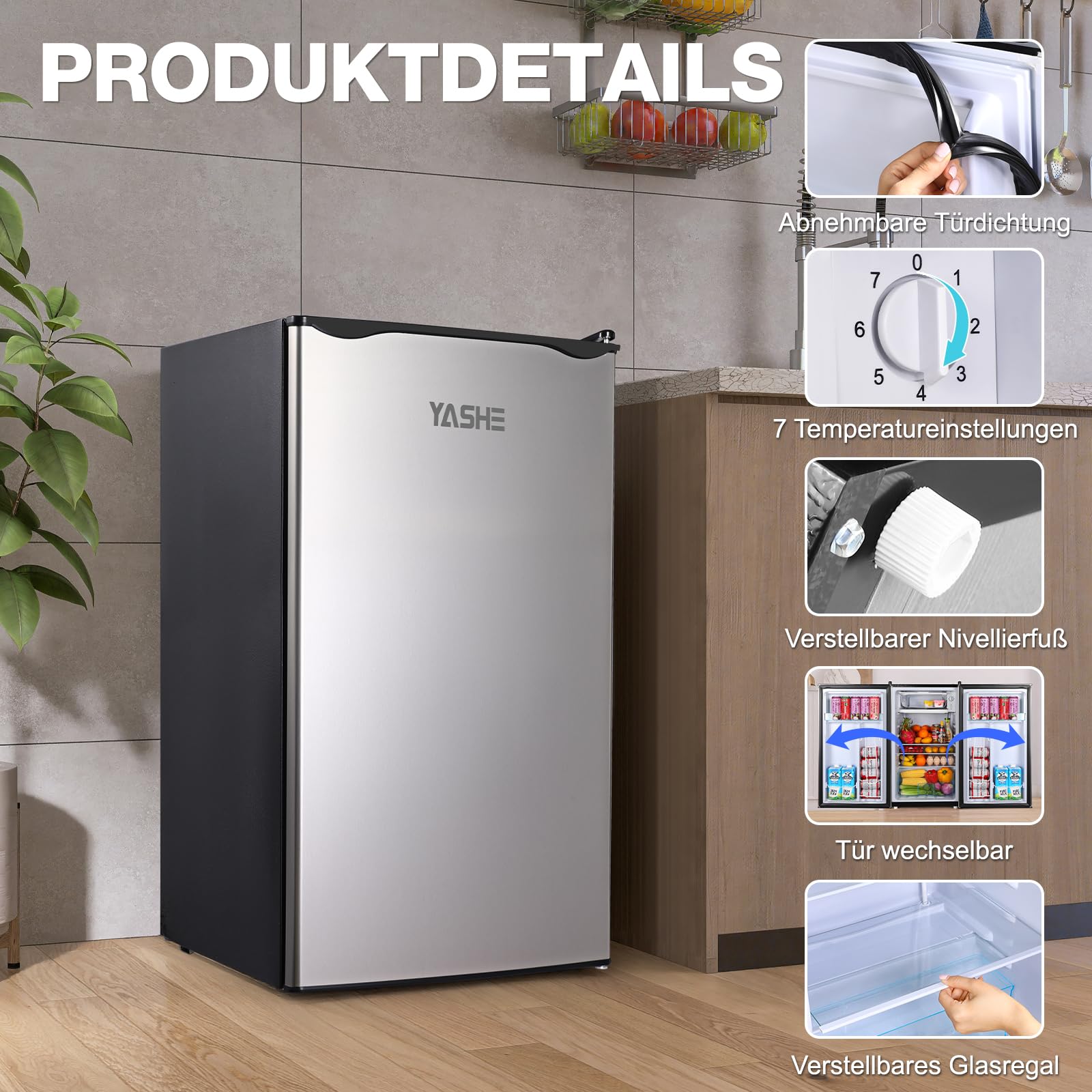 YASHE 92L Kühlschrank mit Gefrierfach, Kleiner Kühlschrank mit Gemüsefach, Mini Kühlschrank, Einbaukühlschrank, 7 Einstellbare Temperaturregelung, Energieeffizien für Büro, Zimmer, Miniküche