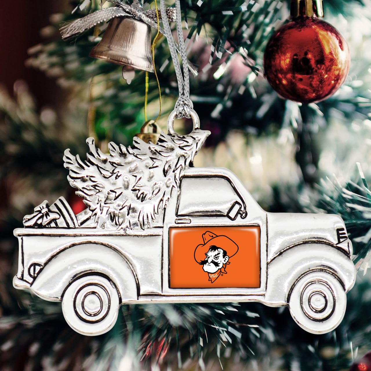 Oklahoma State Cowboys Vintage Truck Ornament with Team Logo Silver Metal Tree Decoration