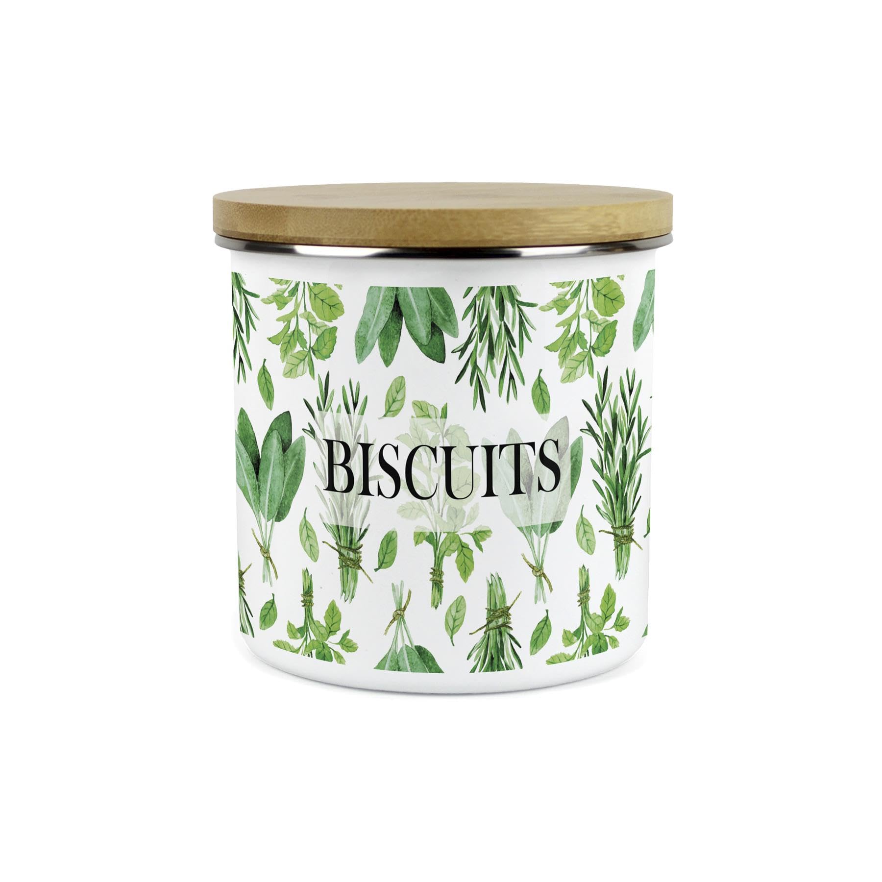 Purely Home Kitchen Herbs Small Biscuits Storage CanisterWhite & Green Leaf Metal Enamel 1.2L Food Storage Container Gift from B&Q