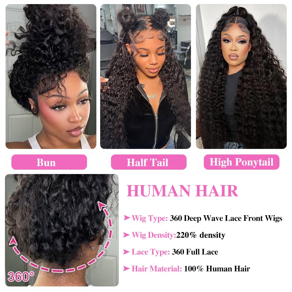 360 Lace Front Wigs Human Hair 220% Density 360 Deep Wave HD Human Hair Wigs Pre Plucked With Baby Hair 360 Brazilian Virgin Water Wave Curly Full Lace Wig for Women 24 Inch Natural Color