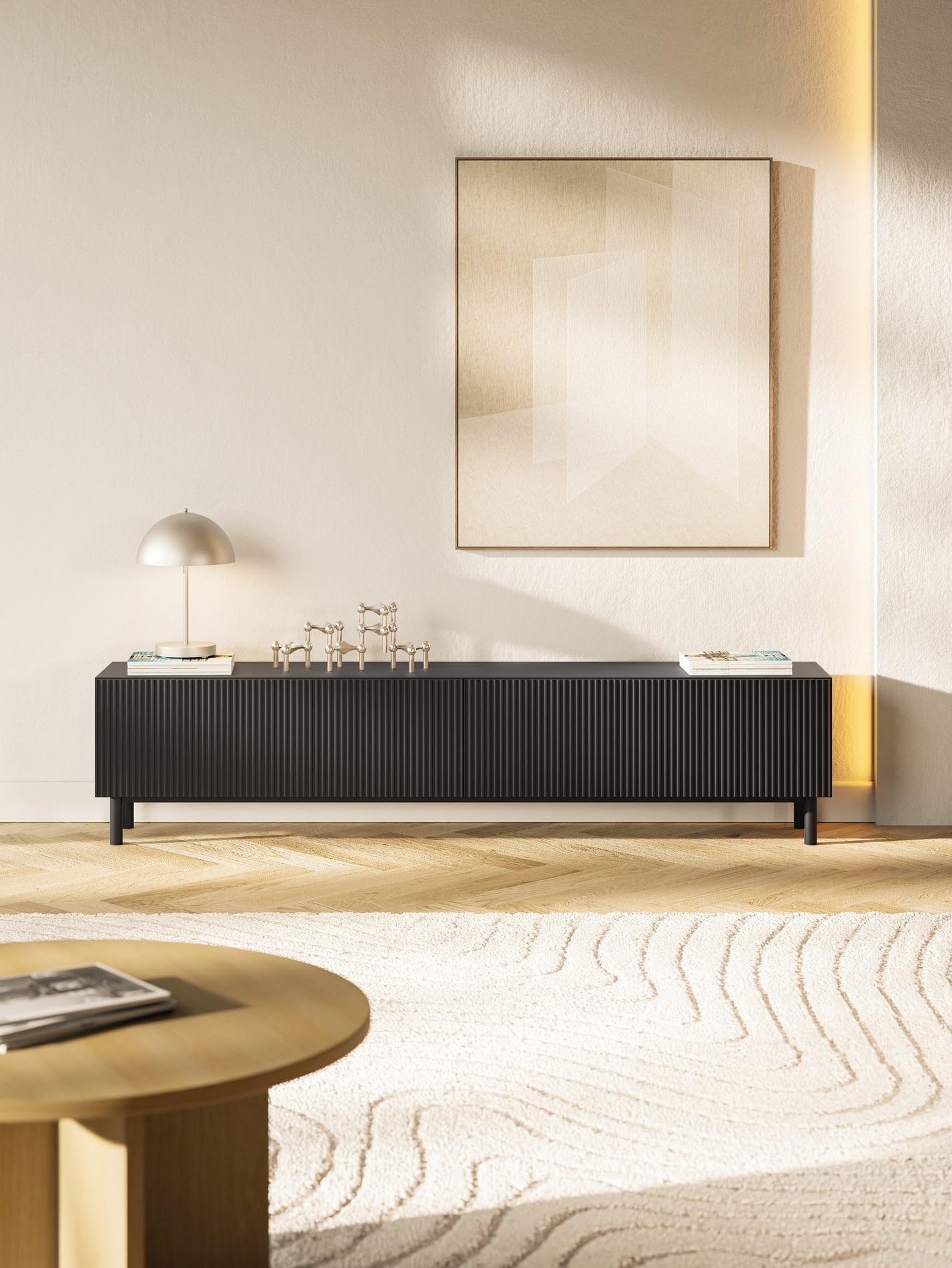 Selsey TV Schrank Mit Gefräster Front, 175 cm, Schwarz – Elegantes TV Board Für Wohnwand Wohnzimmer, Moderner Look Mit Metallfüßen, Praktische Staufächer, Selbstmontage