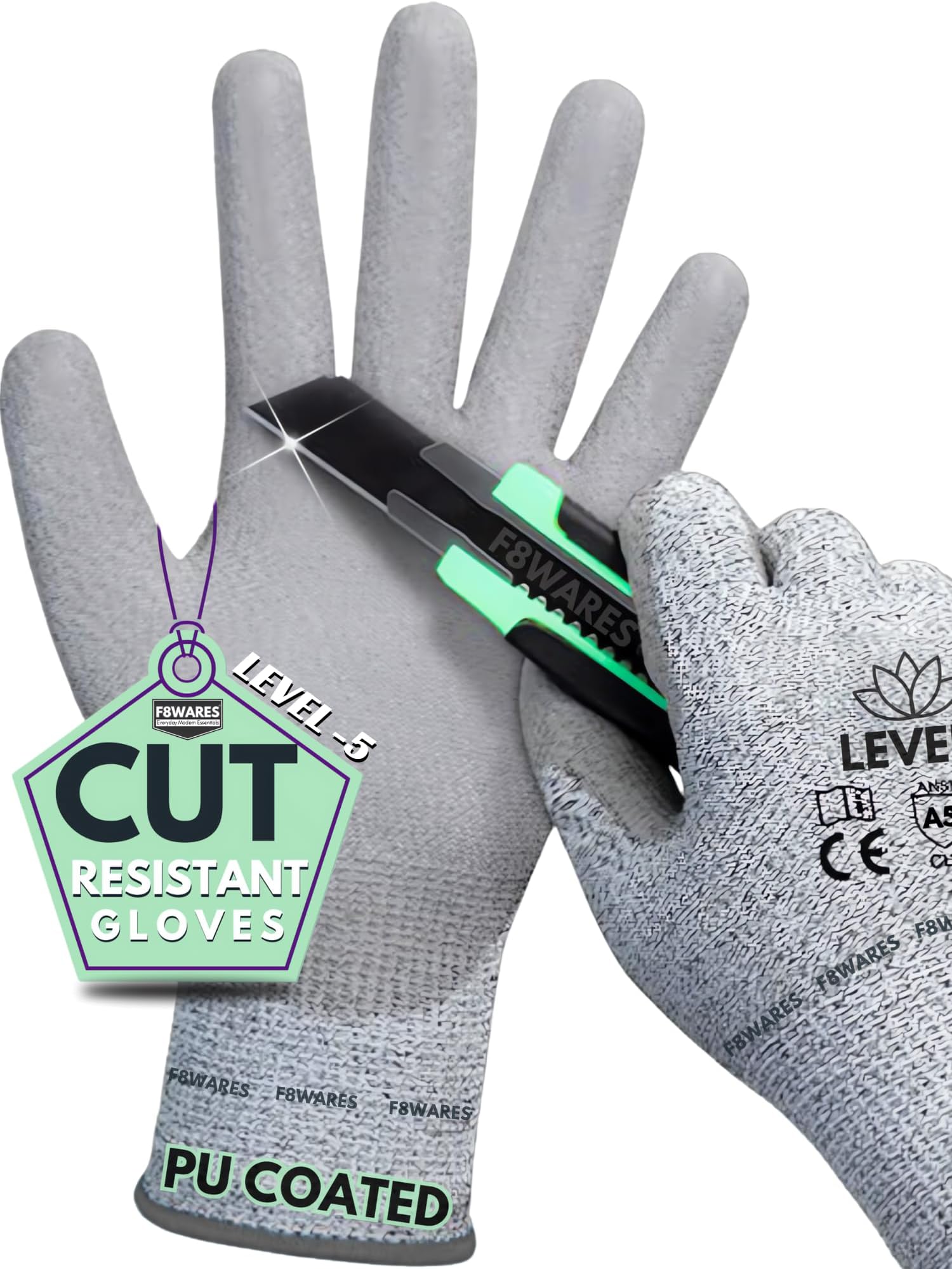 F8WARES Level-5 Cut Resistant Gloves - Coated Safety Gloves for Men & Women - Industrial & Gardening Gloves - Vegetable Cutting & Kitchen Hand Gloves for Men Working - Protective Work Gloves
