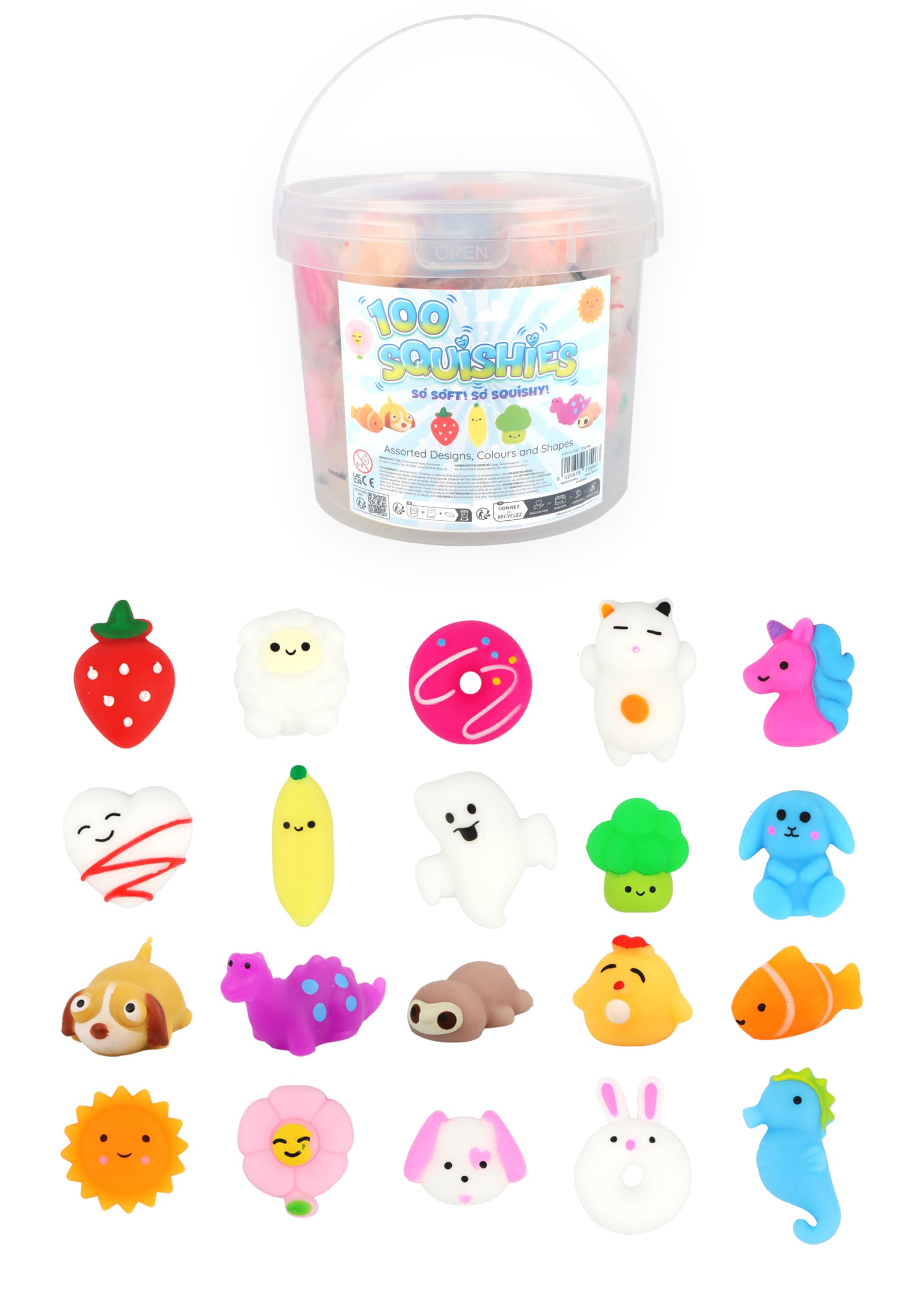 Henbrandt Squishy Animals opakowanie zbiorcze, 100 miękkich zabawek sensorycznych w wiadrze, kawaii, mini, antystresowe zabawki dla dzieci, nastolatków, dorosłych, mieszane wzory, 3–5 cm