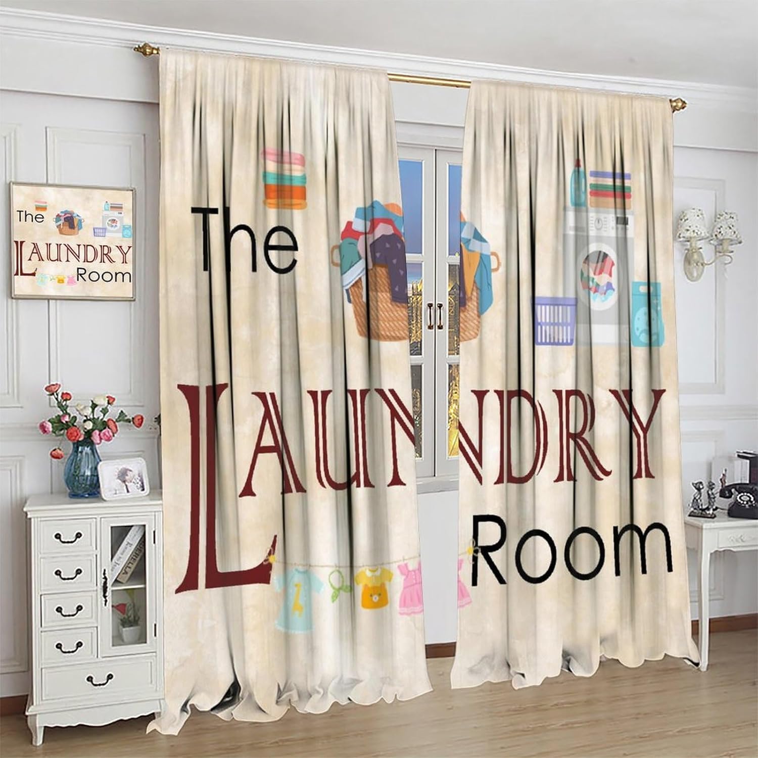 Country Laundry Room Curtain,Retro Farm Dry Wash Fold Repeat Cartoon Clothes Blackout Rod Pocket Window Curtain,for Boys Girls Living Room Bedroom Kitchen Cafe Farmhouse 42" W X 45" L