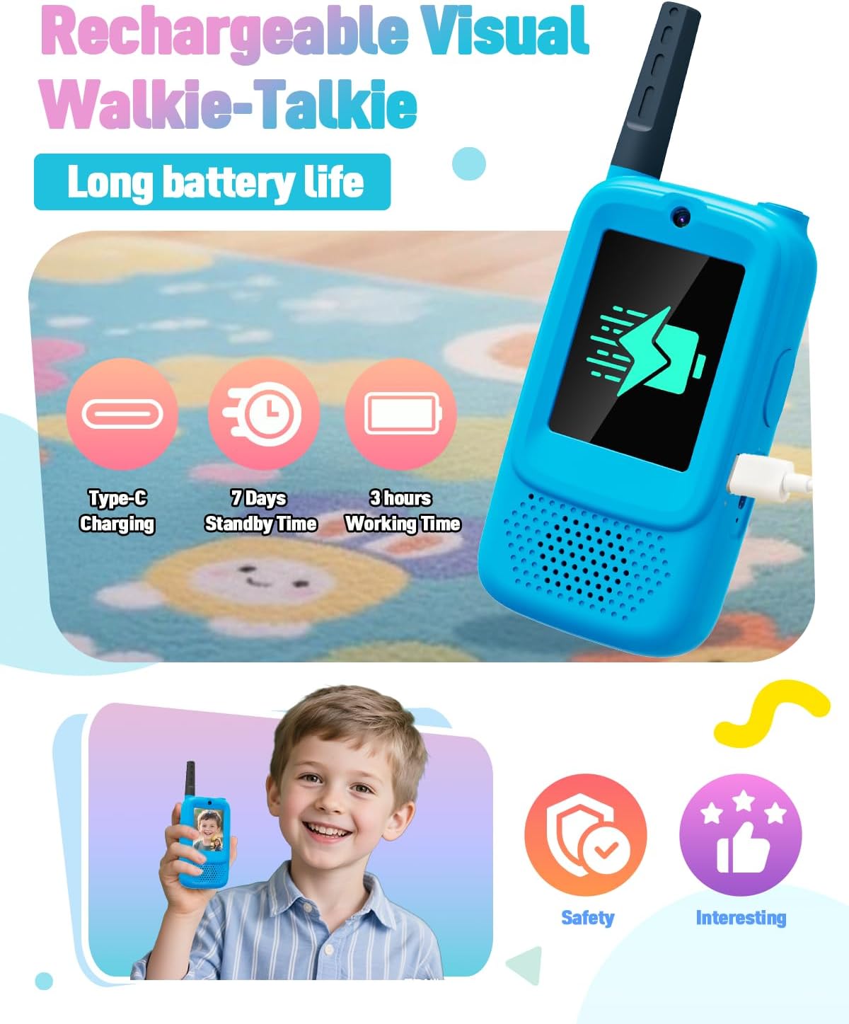 Video Walkie Talkies for Kids, 2-Pack Rechargeable Kids Walkie Talkies with HD Camera, Voice Changer & Long Range, Indoor Outdoor Toys for Hiking,Camping,Christmas Birthday Gifts for 3-12 Boys Girls