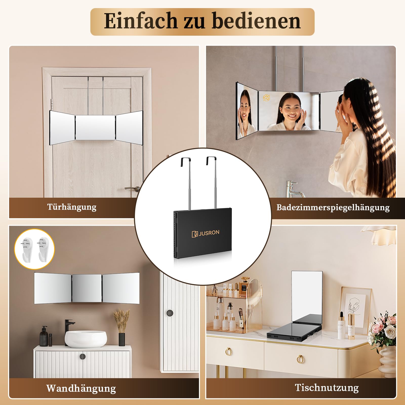 JUSRON Miroir Pliable à 360 degrés avec licth - Miroir cosmétique à Couper soi-même - Hauteur réglable avec Crochet -Noir Mat
