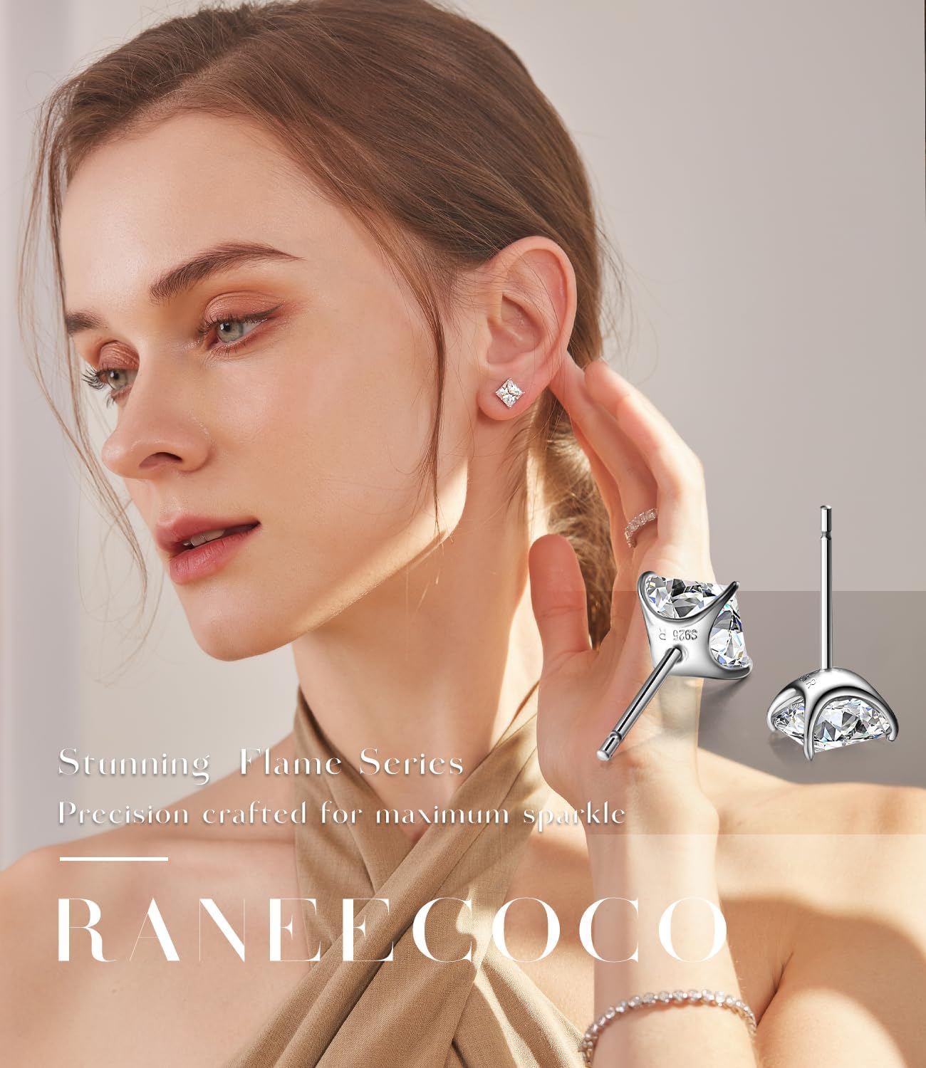 ”STUNNING FLAME“ 18K Gold Plated Sterling Silver Princess Cut Cubic Zirconia Stud Earrings for men women - Image 2