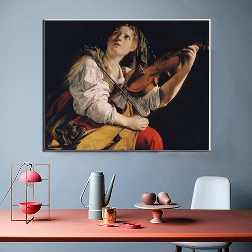 Miniatura 2 de THAELY Orazio Lomi Gentileschi - Póster de arte de mujer joven tocando el violín, lienzo vintage, pintura en lienzo, póster de pared para