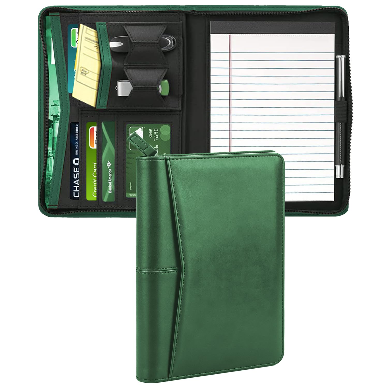 Konper Junior Padfolio Portfolio with 5 x 8 Writing Pad, A5 Business Portfolio Binder Folder Organizer Multi-Function Combination Case for Men Women, Dark Green