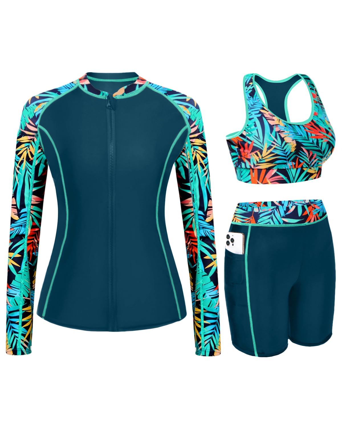 Women 3 Piece Rash Guard - 3PC Long Sleeve Zip up Swim Shirt Sports Bra Modest Swimsuit with Shorts-image-9