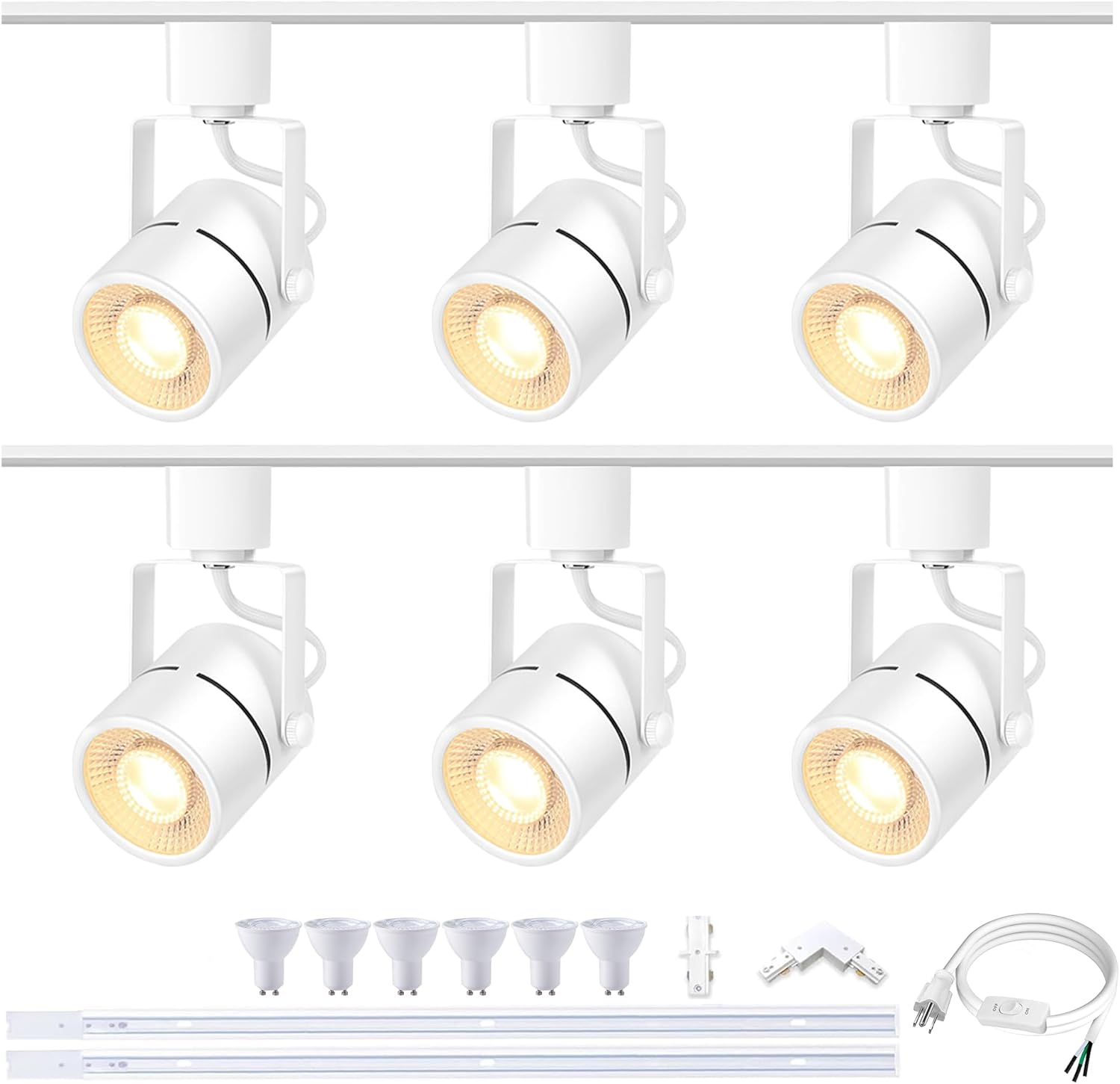 White LED Track Lighting Heads Kit, 10W 6000K Cool White 6-Lights GU10 Dimmable Track Lights, Indoor Ceiling Spotlight Fixture with 6.56FT(3.28 * 2) H Type Track Light Rails