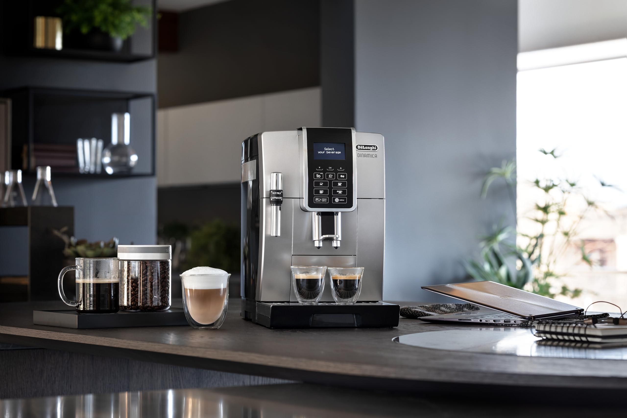 De'Longhi Dinamica ECAM 350.35.SB Cafetera Independiente, Totalmente Automática, Pantalla LCD y Botones Táctiles, 1450 W, 15 Bares, Negro/ Plata