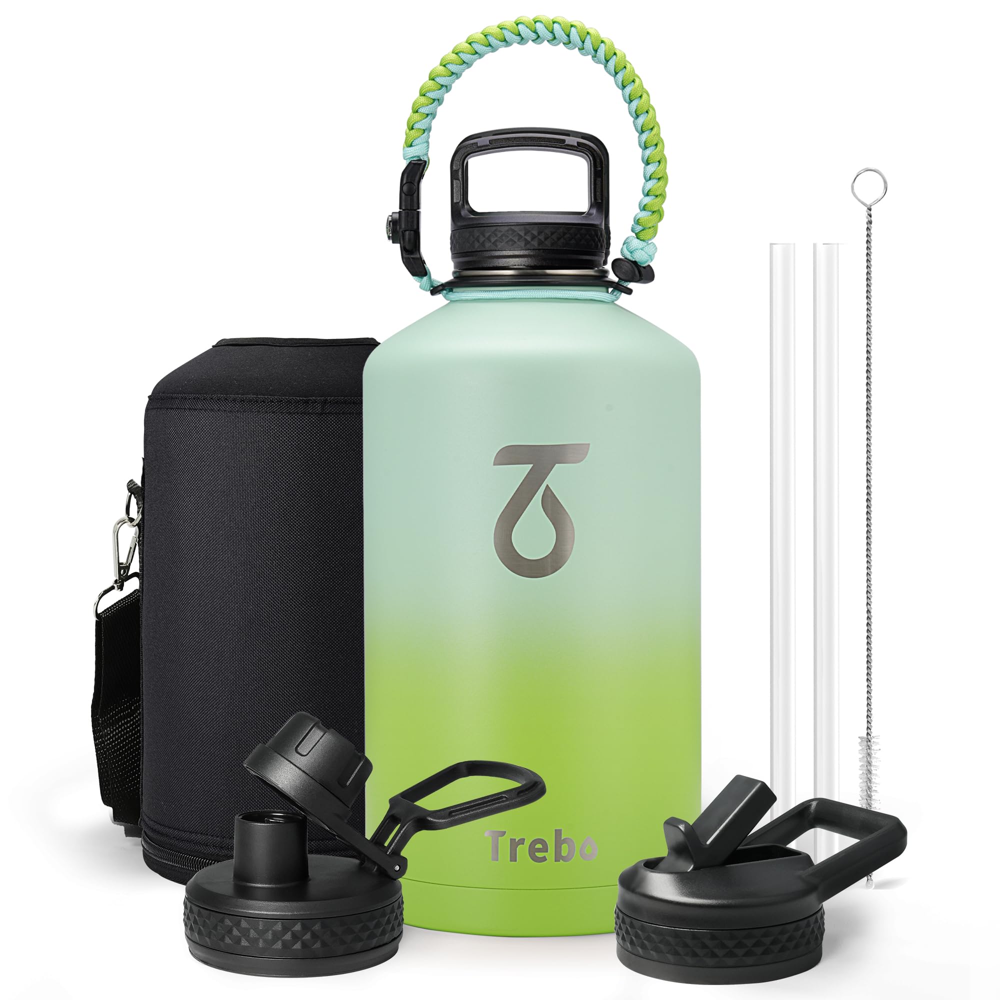 Trebo Isolierte Wasserflasche mit Paracord-Griff, 3,6 l Fassungsvermögen, Edelstahl, Sportkanne, doppelwandig, mit Strohhalm-Griff, auslaufsicher, hält kalt und heiß, Dunkelgrün