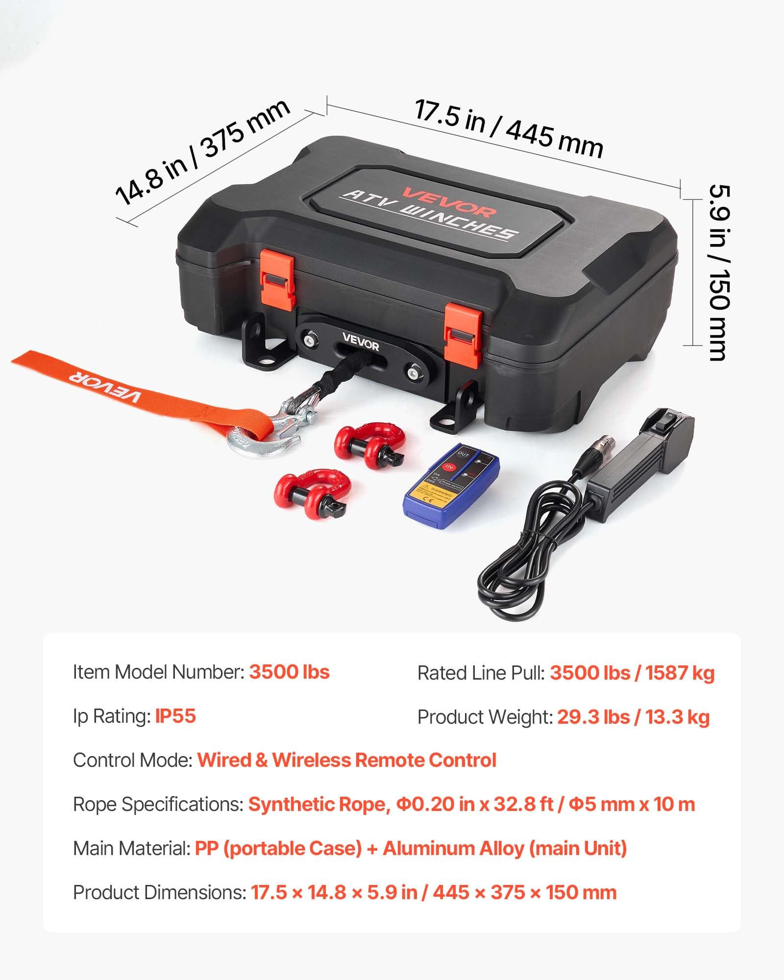 VEVOR Elektrische Seilwinde 12V, Mobile Seilwinde mit 1587kg Tragkraft & Fernbedienung, Tragbare Motorwinde mit Synthetikseil Seilführung Schäkelhaken Gurt Tragkiste, Elektrowinde für ATV UTV Offroad