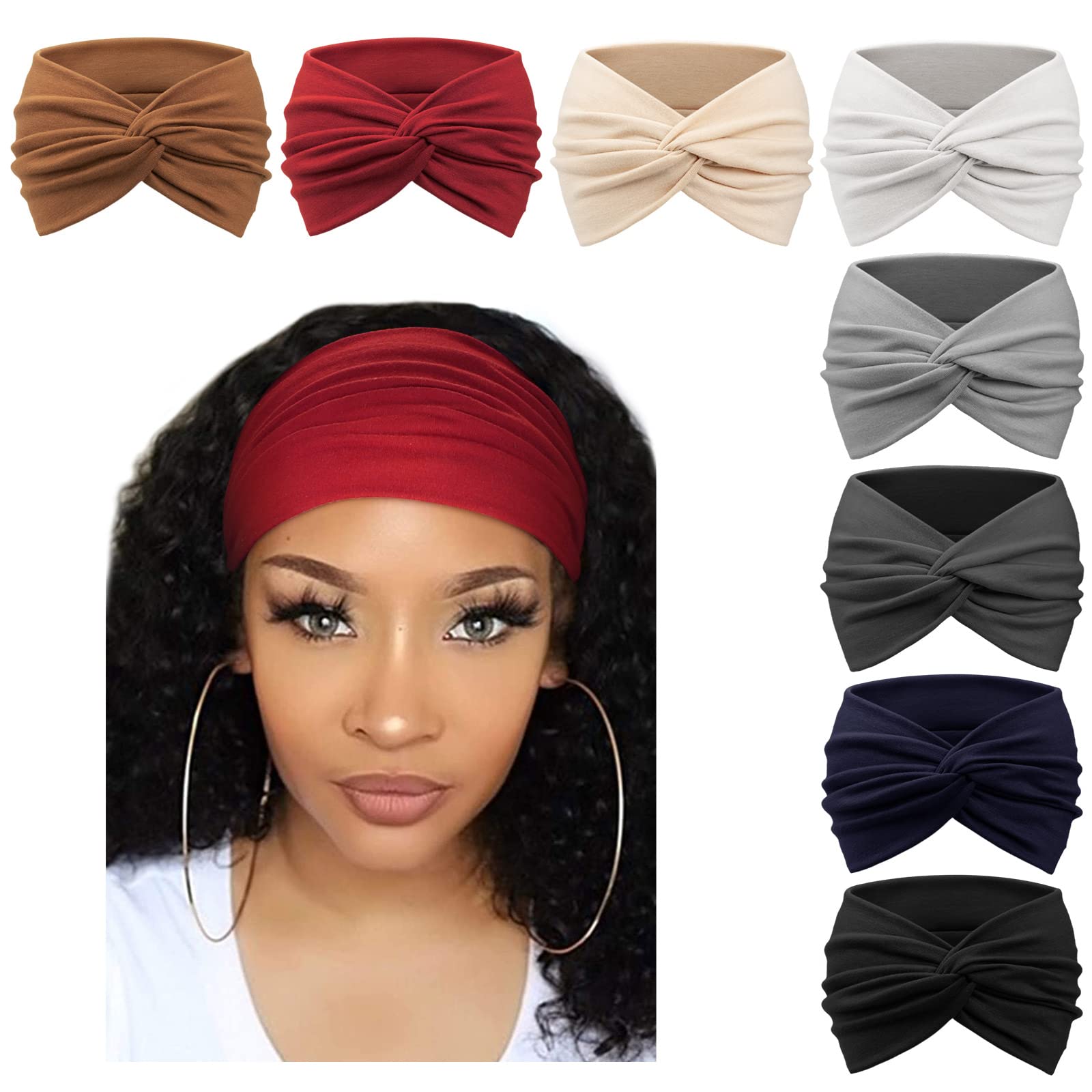 DRESHOW 8 Pack Turban Headbands for Women Wide Vintage Head Wraps Knotted Cute Hair Bands Accessories, 8 Pack Solid Color Set11-64
