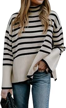 Gyrans 2024 Women's Long Sleeve Striped Sweater Turtleneck