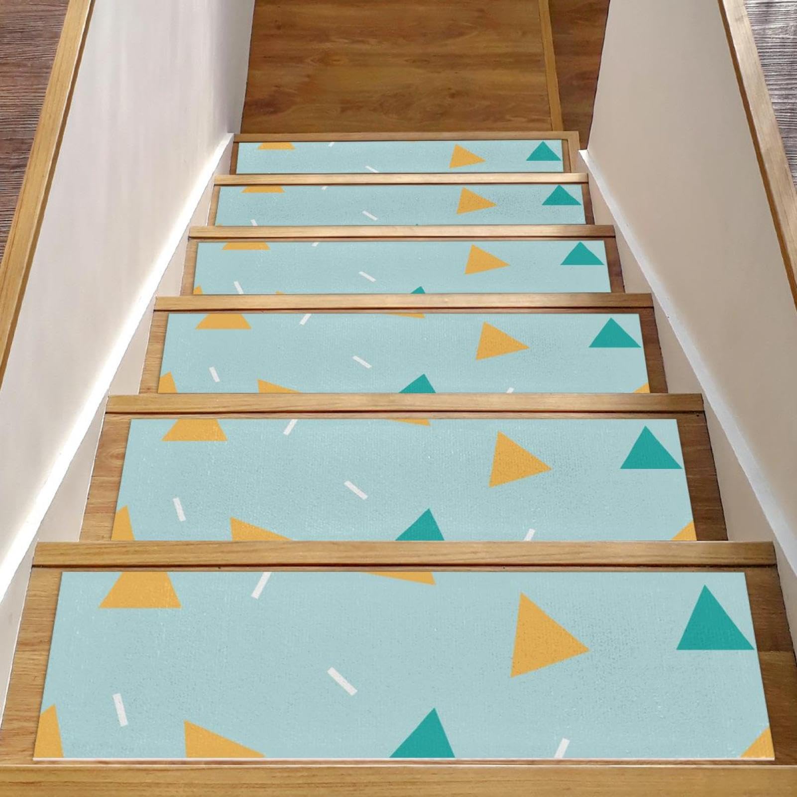 Alfombra para escalera geométrica azul y amarilla juego de 15 piezas antideslizantes para interiores