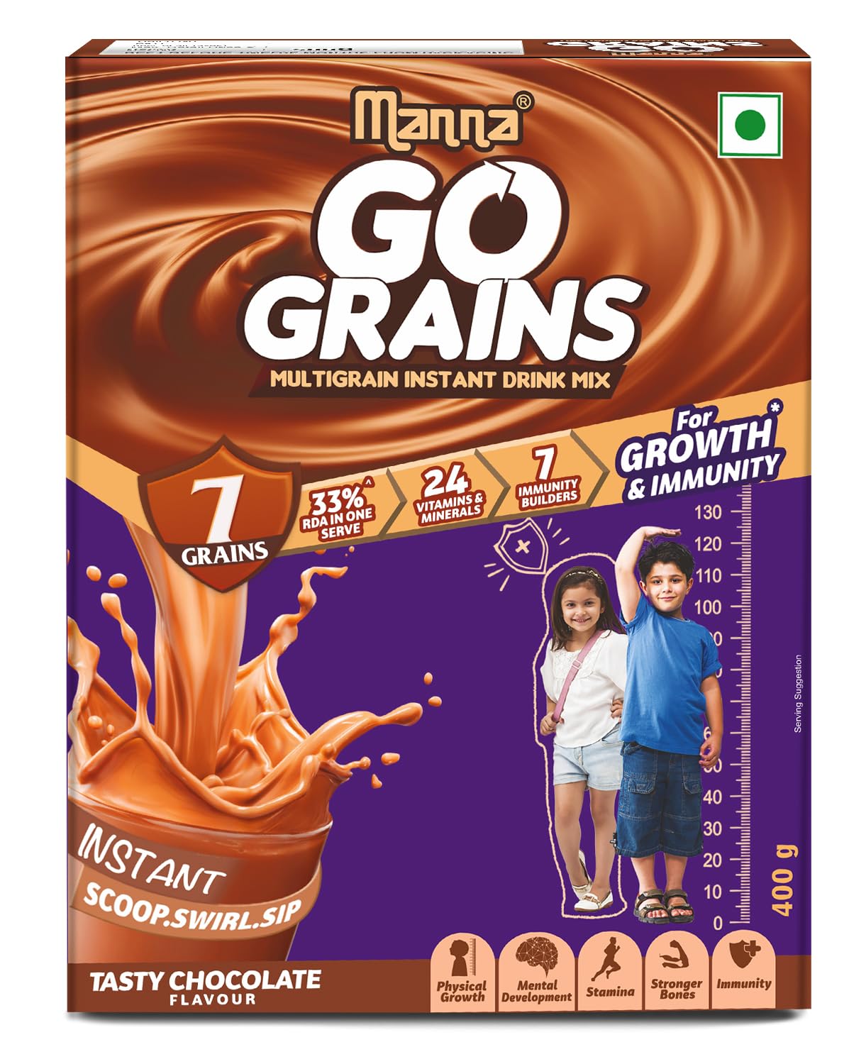 Manna Go Grains Nutrition Powder for Kids. Supports Growth and Immunity. Made with Ragi, Bajra (7 Grains, Millets and Pulses. Chocolate Flavor 1.2 kg (400g, Pack of 3)