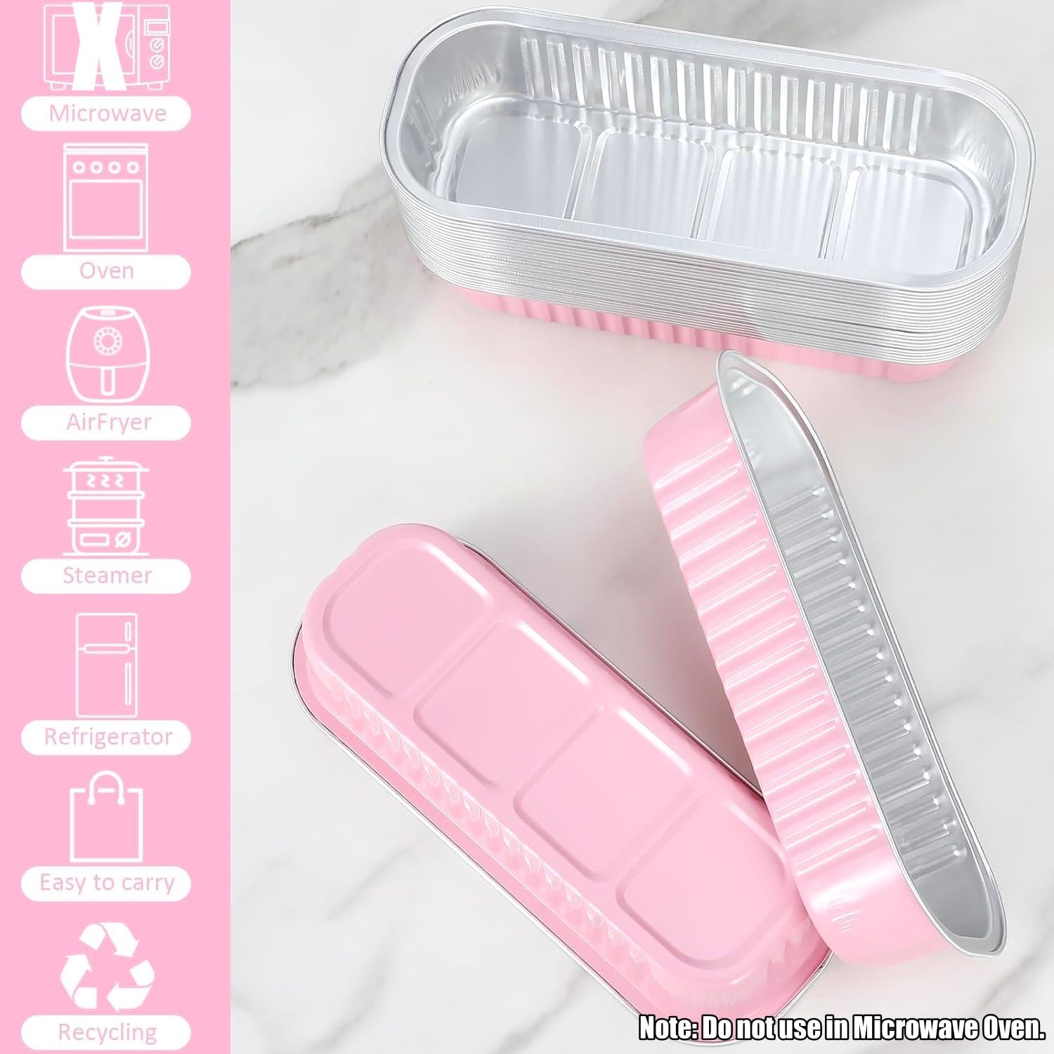 KAHEIGN 50 Pièces Mini Moules à Pain avec Couvercles et Cuillères, 200ml Plat de Cuisson Rectangulaires en Papier D'aluminium avec Autocollant pour Pain Gâteau Pique-Nique Fête (Argent Rose)