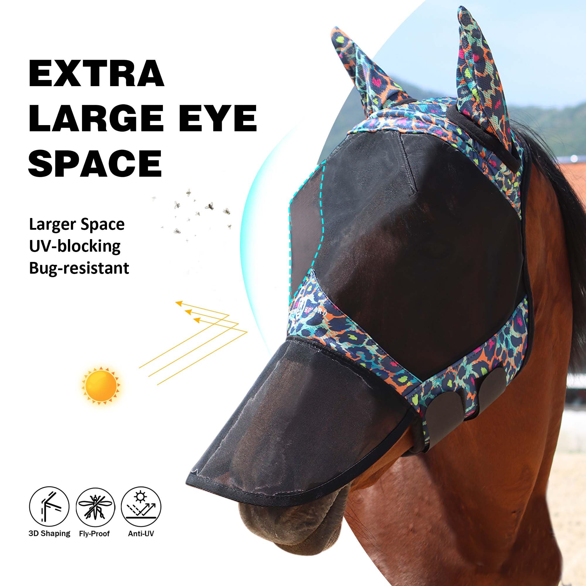 Harrison Howard Pro LumiVista Horse Full Face Fly Mask Large Eye Space Long Nose with Ears UV Protection for Horse Iridescent Prints L - image 3