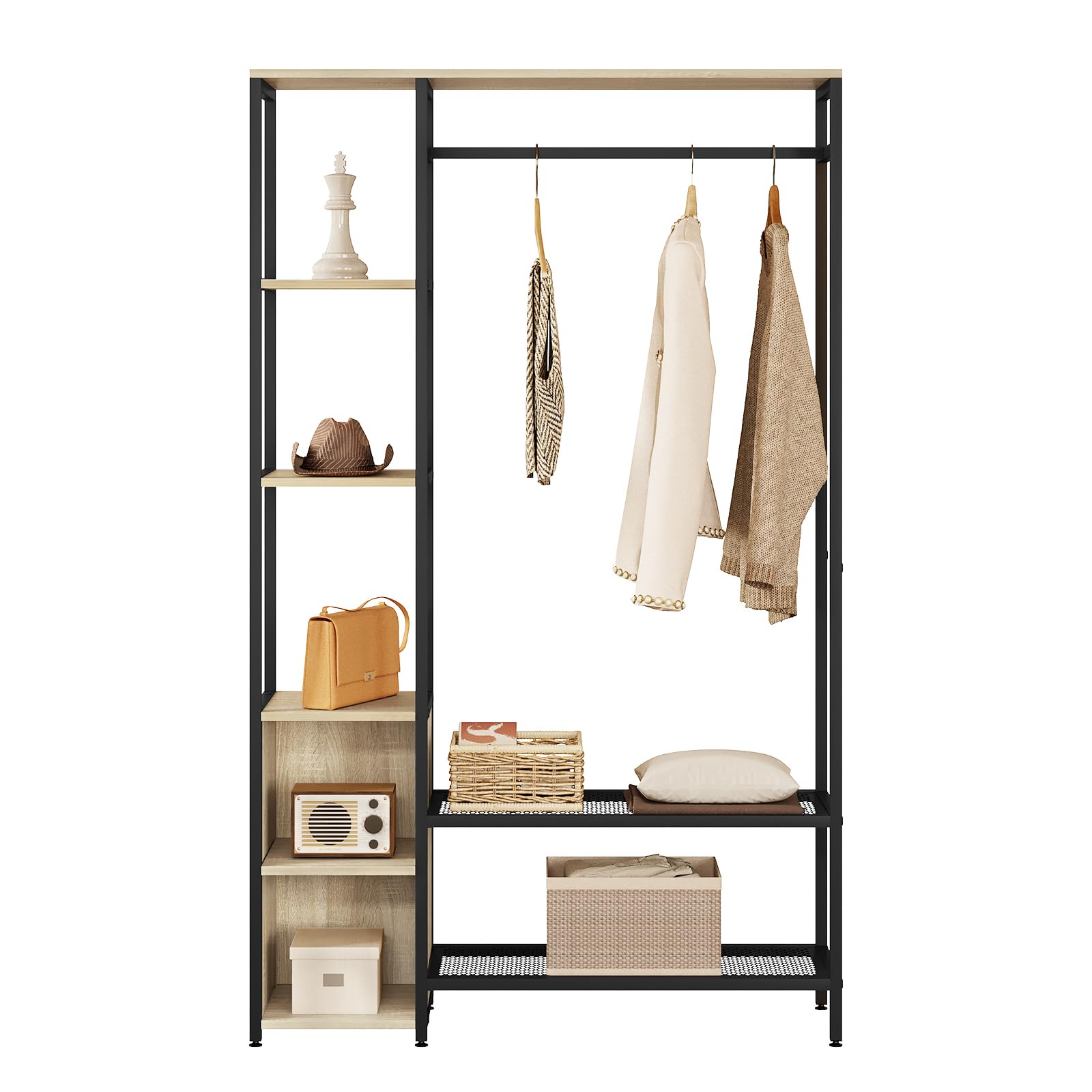 eSituro Perchero Ropa con Zapatero, 2 Estantes, 2 Compartimentos Abiertos y Barra de Colgar, para Entrada Recibidor, Madera+Metal, Roble Claro+Negro