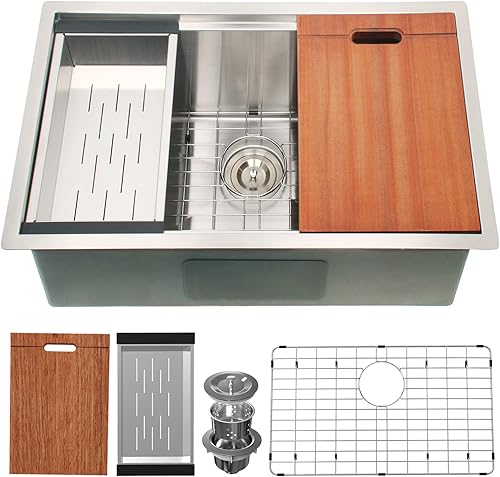 Miniatura 8 de Homtone Fregadero de cocina de 27 pulgadas para montaje inferior, fregadero de acero inoxidable de 10 pulgadas de profundidad, fregadero de estación