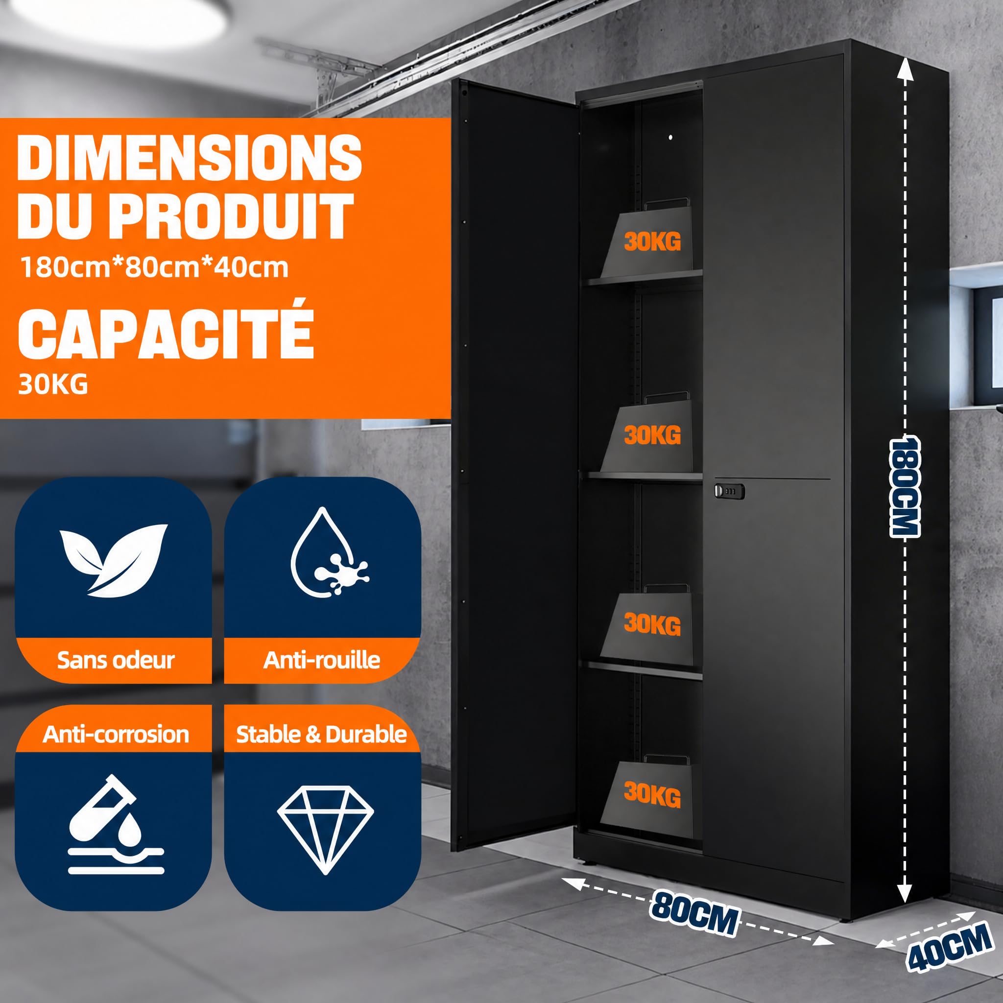 Meuble de Rangement Bureau, Armoire Métallique, Armoire a Outils, Etageres Reglables, en Acier, Placard, Doubles Portes, pour Garage, Bureau,Cuisine, Atelier, 40 x 80 x 180 cm, Noir