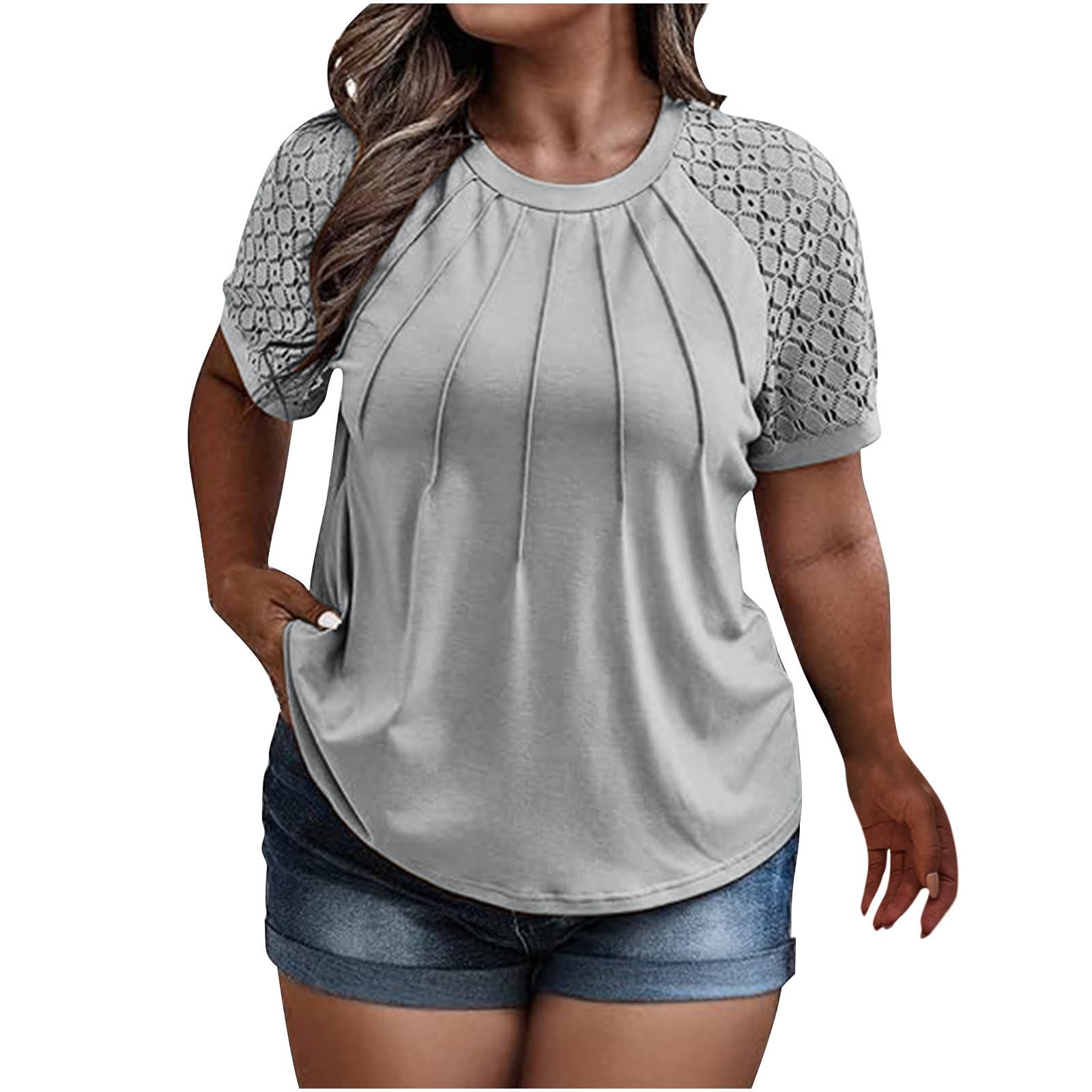 NUSGEAR Camiseta de Manga Corta Mujer Talla grande Moda Color sólido Camisa Blusa Verano Casual Suelto Cuello Redondo Túnica Tops Elegante Fiesta Encaje Manga T-Shirt Original Basic tee 2024
