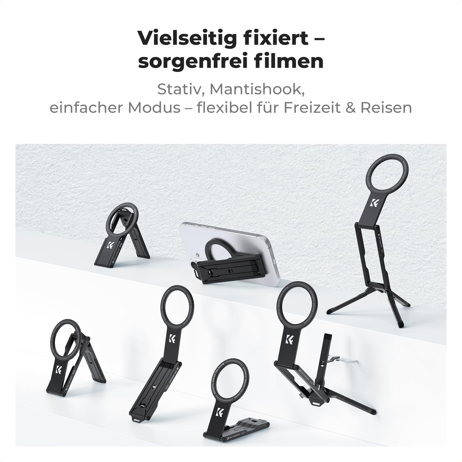 K&F CONCEPT PT02 Ultradünnes magnetisches Handy Stativ, 7 mm dick, 60g, beidseitig magnetisch, universell einsetzbar, kompatibel mit iPhone 17/16/15/14/13/12 Magnet Serie & Samsung, Schwarz