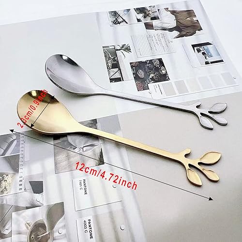 Miniatura 2 de 20 cucharas de café de hojas, cucharaditas de acero inoxidable dorado y plateado con mango de hojas para té helado, café, postre