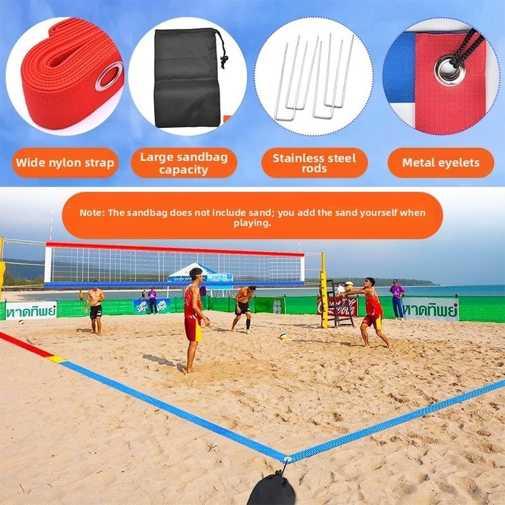 Marcador de voleibol de playa portátil, ajustable, 16 m/8 m, cuerda de nailon con anclajes de acero para entrenamiento al aire libre en arena o césped (F)