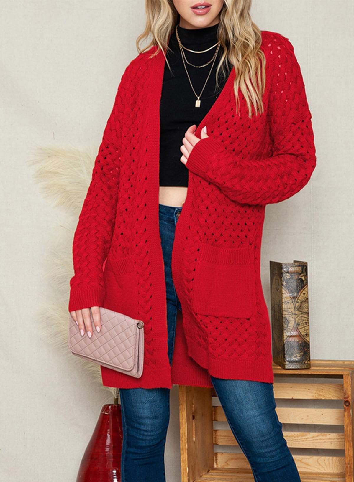 Chaqueta larga de punto para mujer, chaqueta de punto frontal abierta, abrigo con bolsillos, ropa exterior holgada informal para uso diario, rojo, S