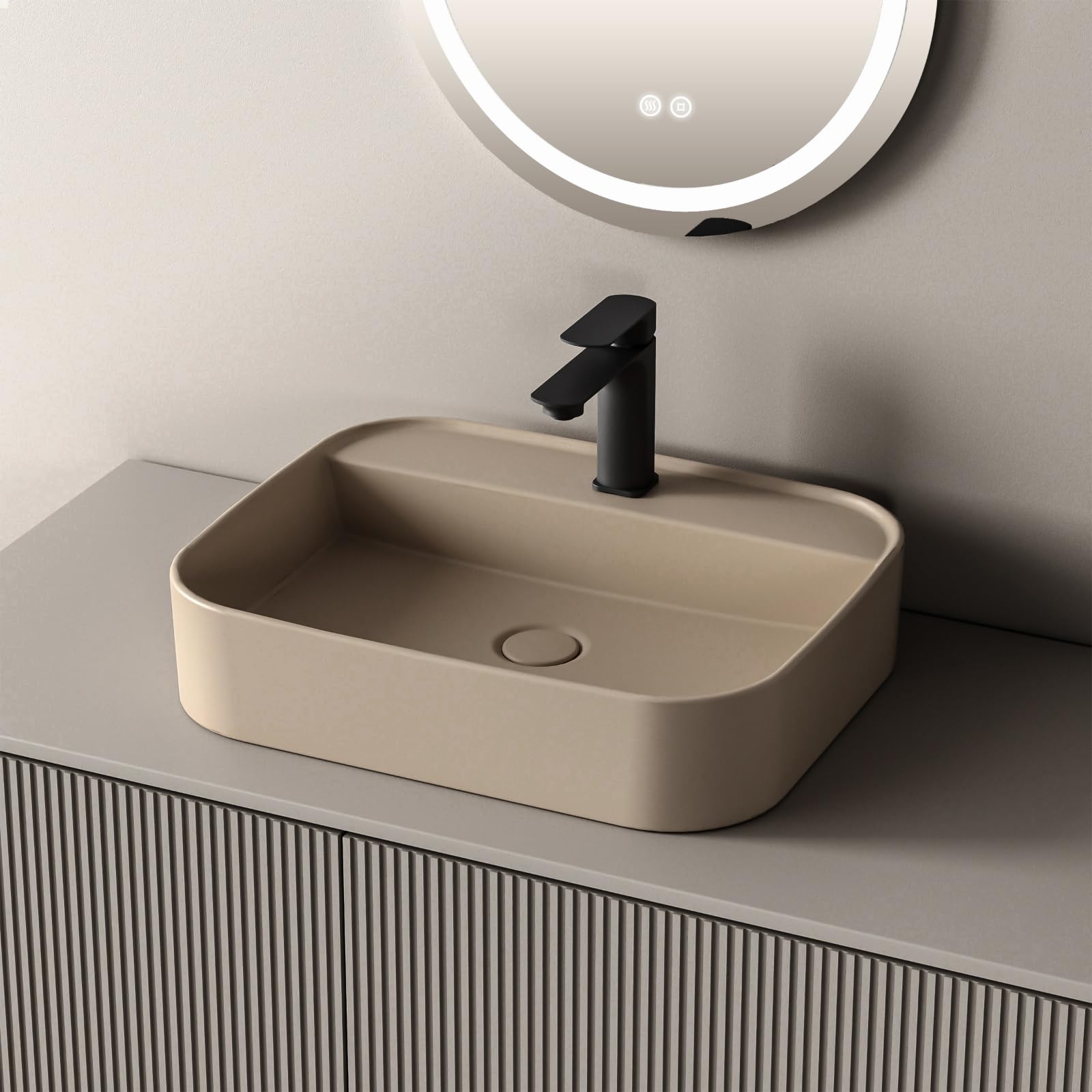 EMKE Lavabo da Appoggio e Sospeso 50 x 40 x 11 cm, Lavandino Rettangolare in Ceramica Beige opaco con Angoli Arrotondati, Lavello Moderno Salvaspazio per Bagno e WC - Senza Rubinetto e Piletta