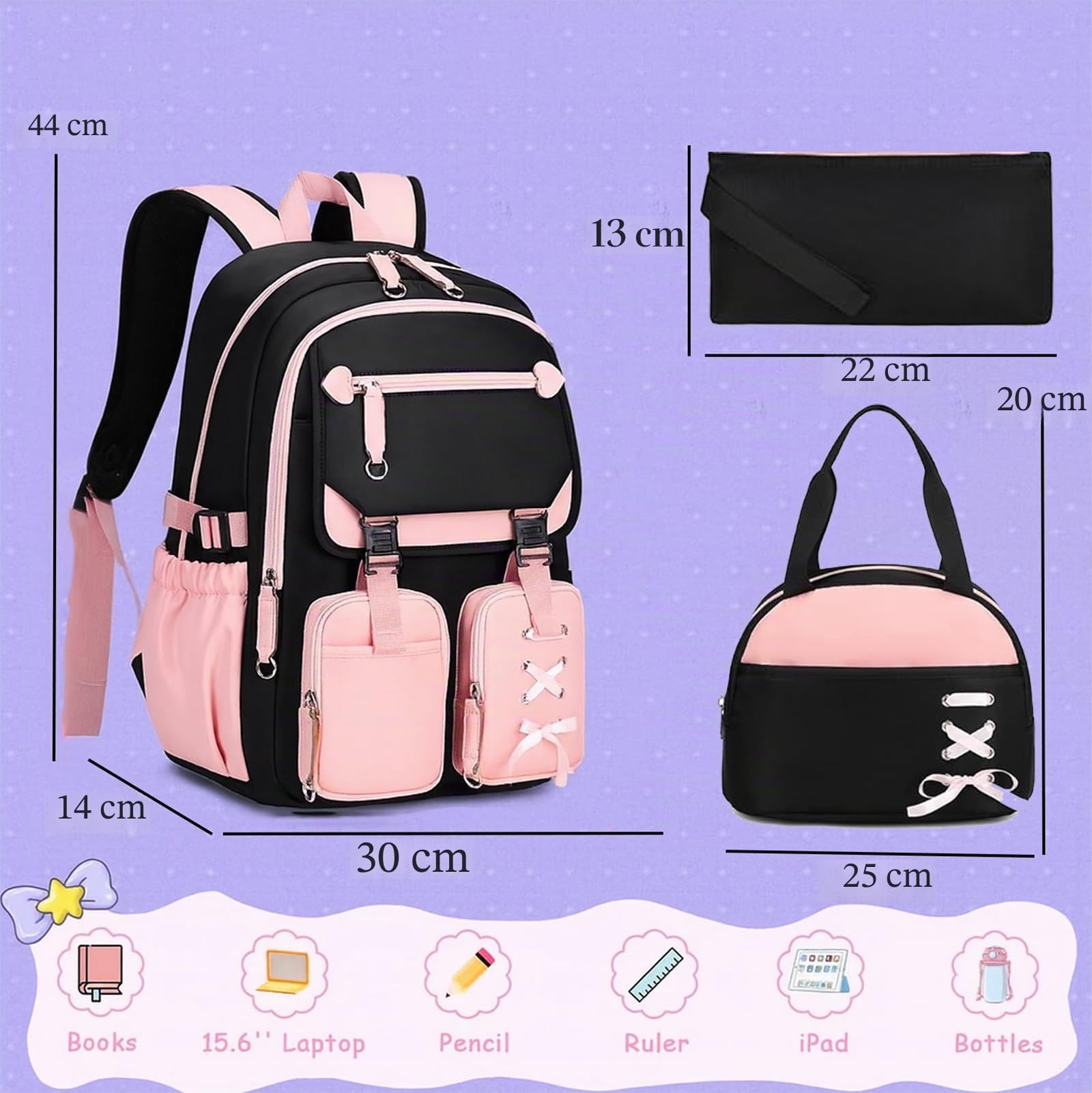 Elegante set di 3 zaini per la scuola per ragazze: impermeabile e leggero con borsa per il pranzo e astuccio, nylon di grande capacità