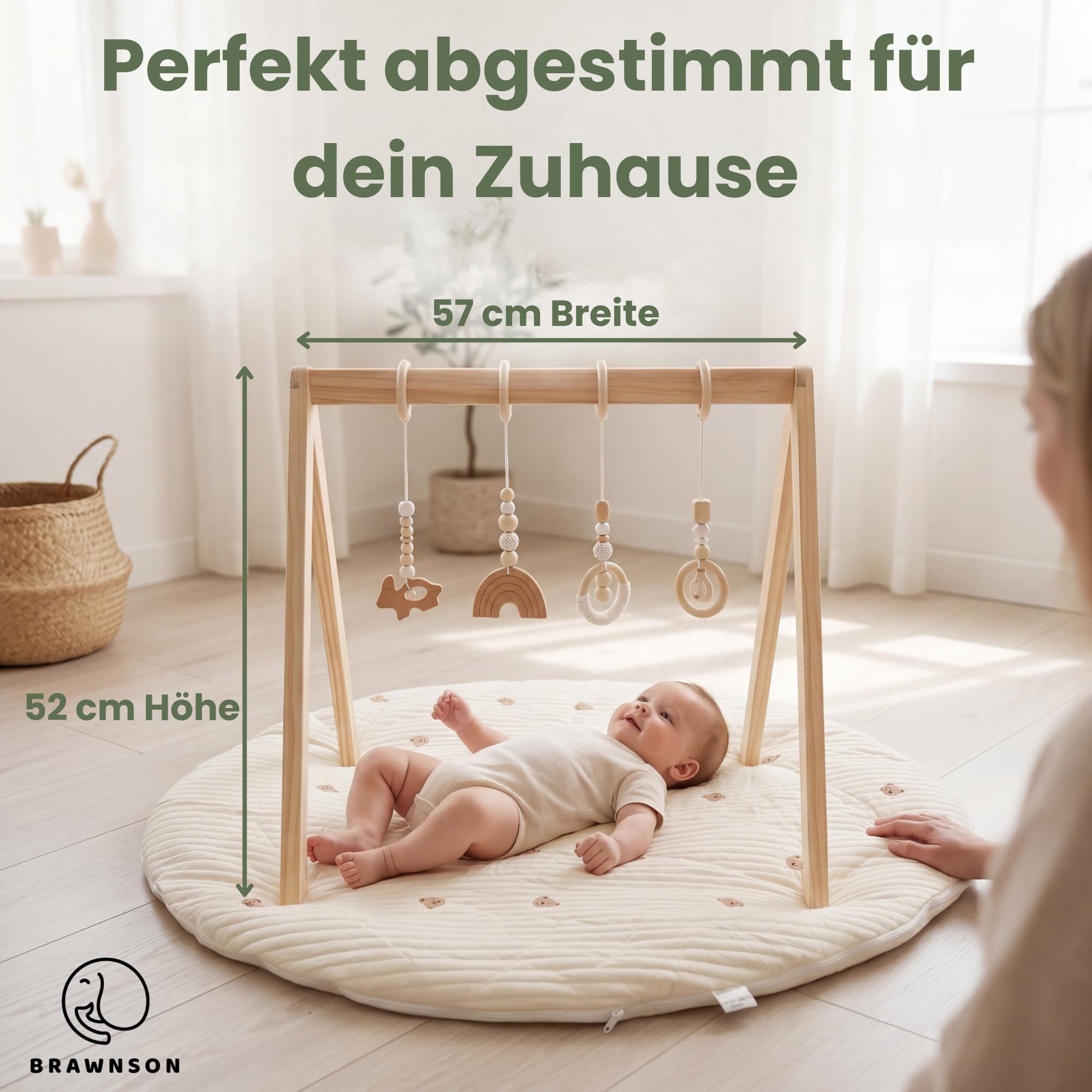 Baby Spielbogen Holz mit Krabbelmatte und zusätzlichem Bezug – Montessori Babygym aus Naturholz, extra dicke waschbare Krabbelmatte für Neugeborene ab 0 Monaten