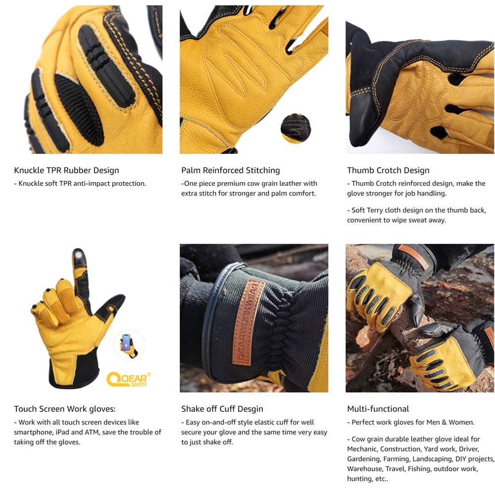 QEARSAFETY 1 pair Cowhide Work Safety Gloves, Gardening, Thorn Resistance, Mechanic Work, Palm Padded - Image 3